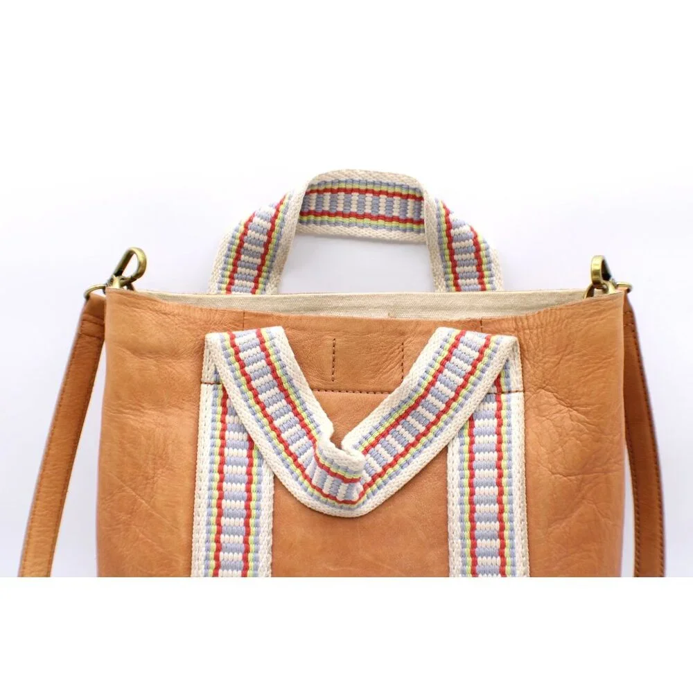 Madewell Tan Leather Crossbody Bag Handbag Colorful Striped Fringe Handles 10x10 - Picture 3 of 12